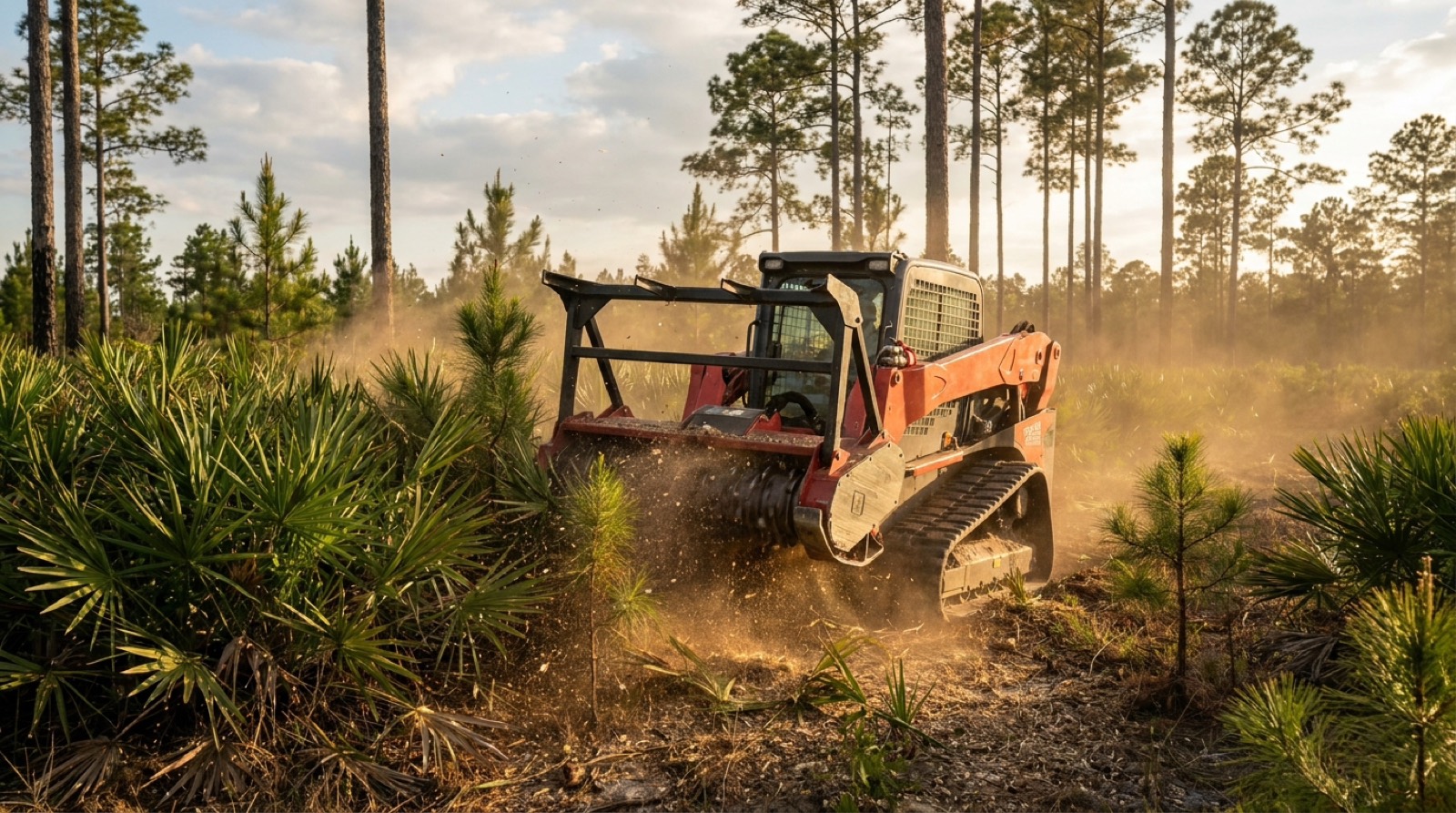 Forestry mulcher grinding palmetto and pines on North Florida acreage