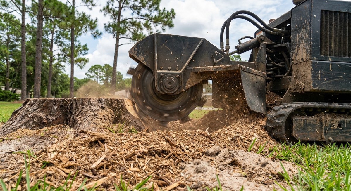 Stump grinder removing a large oak stump on a Gainesville FL property